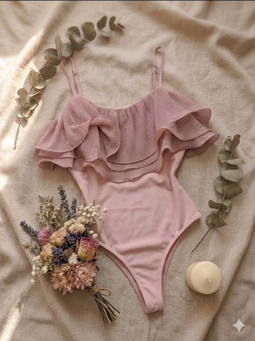 HEYSON| Ruffle Off-Shoulder Pink Bodysuit with Adjustable Straps